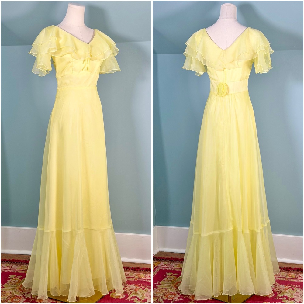 Vintage 1970s Yellow Dress Elegant Prairie 70s Romantic Flutter Sleeves 1980s